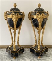 Pair of Black Marble and Rams Head Bronze Urns