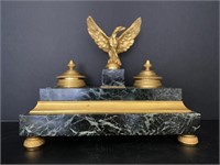 French Marble and Bronze Eagle Double Ink Well