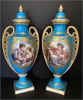 Pair Of Sevres Style Turquoise Urns