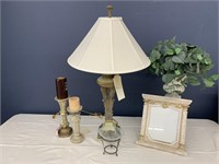 Lamp, Greenery in urn, Candle Holders, Picture