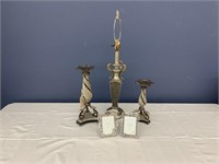 Silver Lamp, Candleholder Set & Picture Frames
