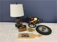 Lamp, Iron Bowl w/ Faux Vegetables, Cheese Board