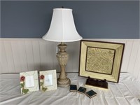 Lamp, Plate on Stand, Picture Frames