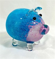 ADORABLE BLUE/PINK SPECKLE ART GLASS PIG SCULPTURE