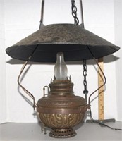 Antique embossed brass hanging light w/ tin shade
