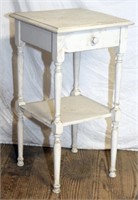 2 white 1 drawer stands, blue occasional table
