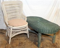white wicker chair and green wicker cocktail table