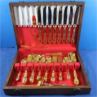Rogers&Son Stainless Gold Tone Flatware Set w/Case