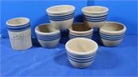 6 Antique Yelloware Bowls w/Blue&Spice Jar