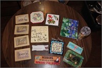 LOT OF WOOD, SLATE, OR RESIN WALL SIGNS AND CUP
