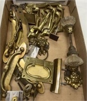 brass and glass door knobs and misc brass items