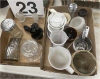 kitchen items, old glass creamer and shaker,