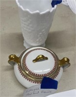 limoge dish w/cover and Imperial milk glass vase