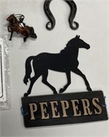 Horseshoes, horse metal sign and misc