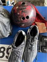 Brunswick bowling ball, shoes 10 1/2, bag and