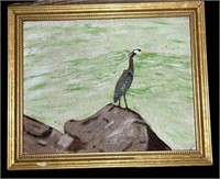 Acrylic on Canvas "Crane on Rock" by Harold G.