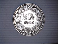 Francs & Centimes-.835 Silver; 1953-1/2 Franc