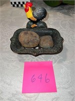 CAST IRON ROOSTER DISH AND STONES