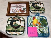 ROOSTER NEEDLEWORK AND POT HOLDERS