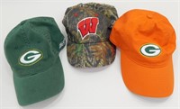 2 Packers Hats and 1 Badger Hat