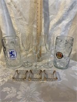 LOT OF HUGE BEER MUGS, CHAMPAGNE STEMS, ASH TRAYS