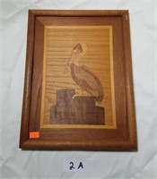 Vintage Engraved Wood Pelican Art, Signed, 13 x 10