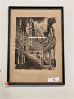 Framed & Signed European Town Print, 18'' T