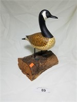 Signed Hand-Carved Goose on Log, 8" L