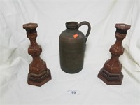 Wooden Candlestick Holders and Sipping Jug