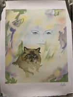 Watercolor Cat and Woman Art Artist Signed Print