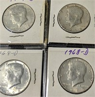 Lot of 4 40% Silver Kennedy Half Dollars ('68/'69)