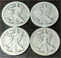 Lot of 4 Walking Liberty Silver Half Dollars