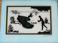 Antique Reverse Silhouette Painting On Glass