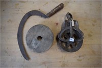 Hand sickle & wooden pulleys