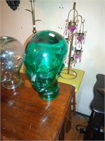 green glass head display stand, hats etc