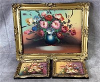 3 Vintage framed floral paintings