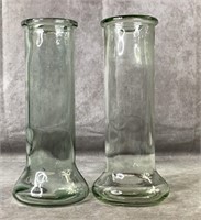 (2) 10"  vintage green tinted glass vases