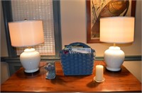 2-Lamps w/shades 23.5"h, Magazine Basket, Candle,