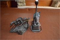 Sculptured Horse Head Lamp and Cast Horse