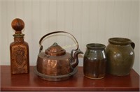 Vintage Copper Tea Pot, Leather/Glass Decanter
