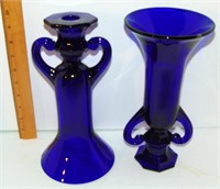 VTG PAIR COBALT BLUE GLASS VASE CANDLE & HOLDER