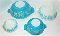 4 PYREX MIXING BOWL AMISH FARMER ROOSTER TURQUOISE