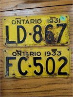 1931 Ontario license plate pair