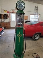 reproduction gas pump, cars and clock