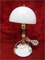 Milk glass dresser  lamp. Plastic shade.