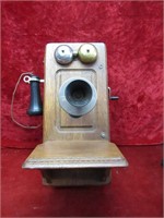 Oak wall mount telephone. Kellogg.