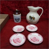 Stoneware jug, pitcher, & small plates.