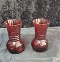 Pair of red glass vases approx 6 inches tall