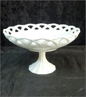 White milk glass dish with weaved edges approx 7
