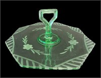 Etched Green Depression Glass Tray with Handle